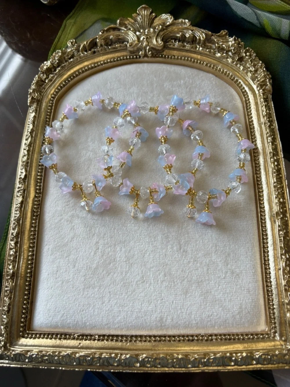 Pink and Blue Glass Flower Bracelets One Size Fits Most Set of Three